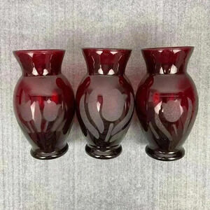 Ruby‎ Red vase etched tulip flowers 6" tall set of 3